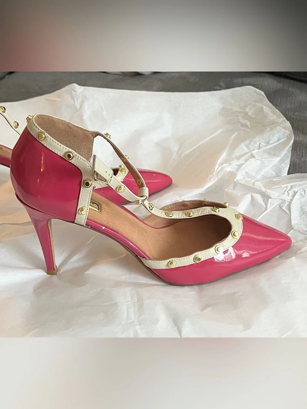 Halogen Fuchsia Pointed T-Strap Shoes with Gold Studs - Sz 10.5
